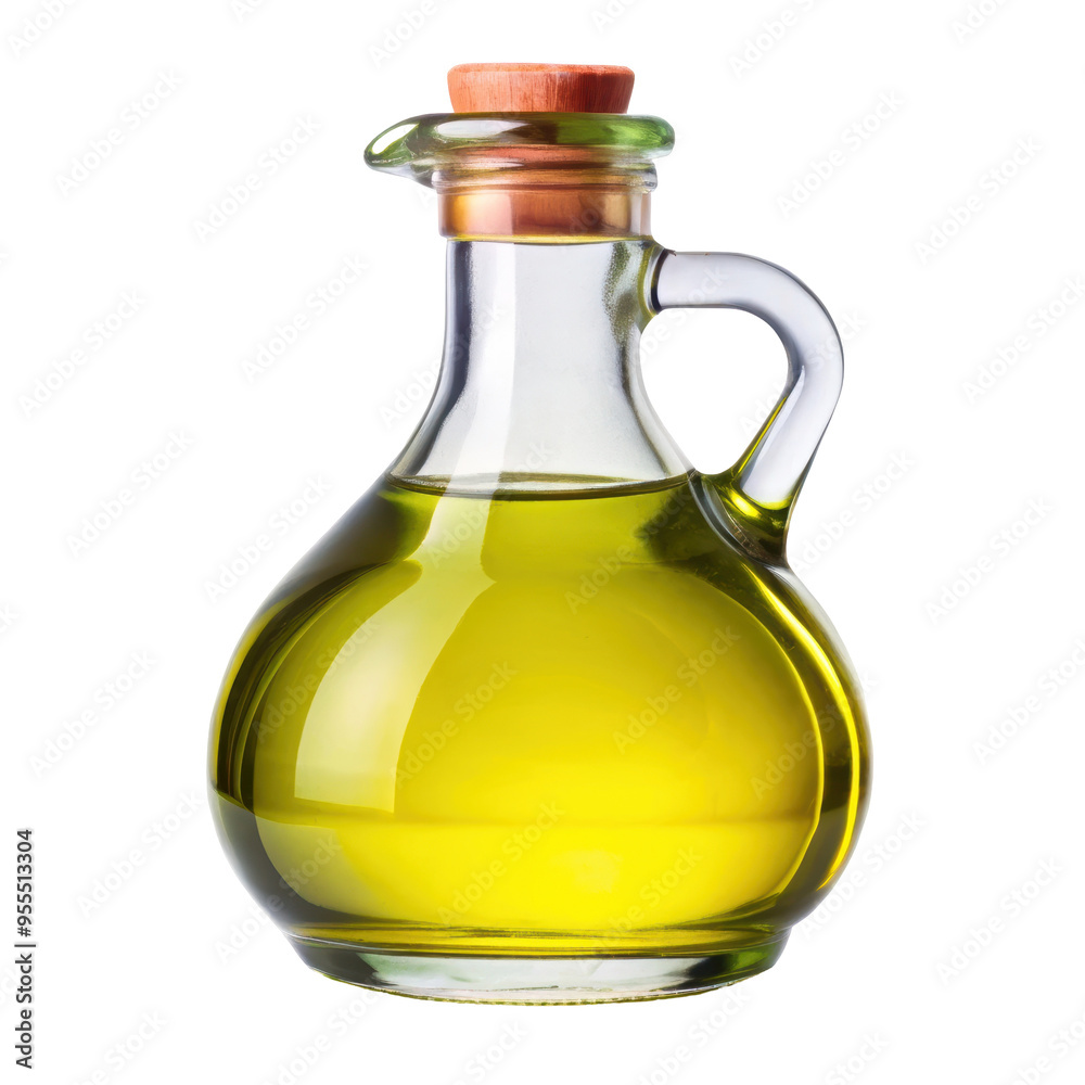 Glass bottle filled with golden olive oil, featuring a wooden stopper and a curved handle. Isolated on transparent background, png. Glass bottle filled with golden olive oil, featuring a wooden stopper and a curved handle. Isolated on transparent background, png.