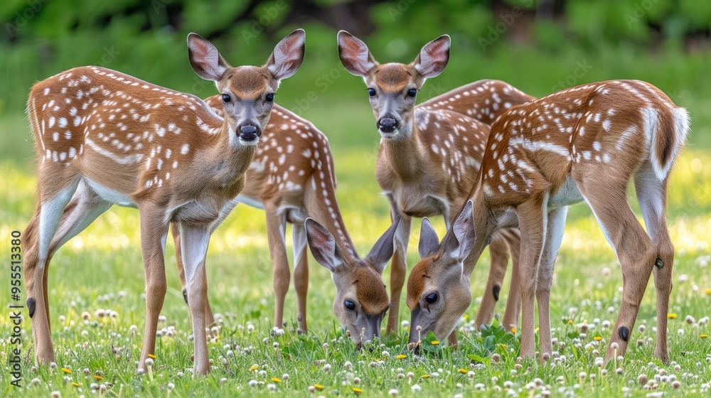Four Spotted Fawns Grazing in a Meadow Four Spotted Fawns Grazing in a Meadow