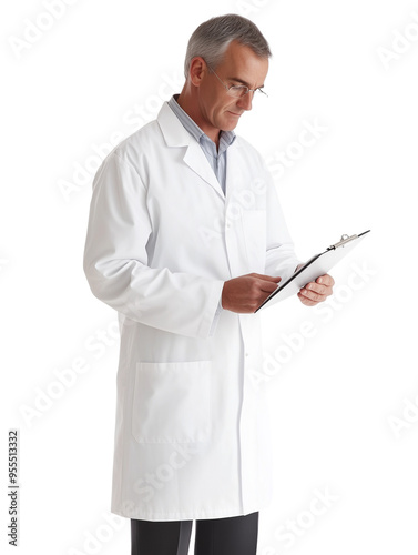 male doctor holding medical record clipboard in white coat with stethoscope isolated on transparent background