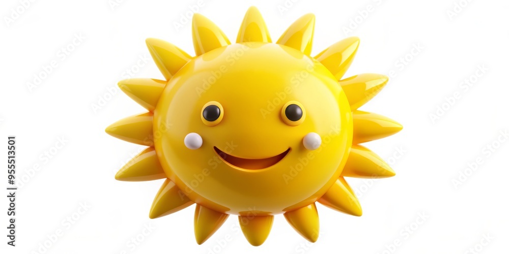 Smiling 3D Sun with Glossy Texture, 3D Render, Cartoon Sun, White Background, Sun Emoji, Yellow, Happy Smiling 3D Sun with Glossy Texture, 3D Render, Cartoon Sun, White Background, Sun Emoji, Yellow, Happy