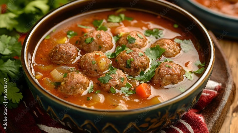 A bowl of Mexican albondigas soup, meatballs in a tomato-based broth with vegetables and fresh cilantro A bowl of Mexican albondigas soup, meatballs in a tomato-based broth with vegetables and fresh cilantro