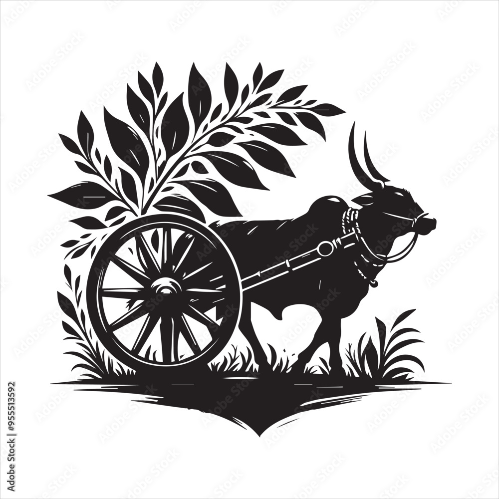 Fototapeta premium bullock cart wheel silhouette vector With White Background 