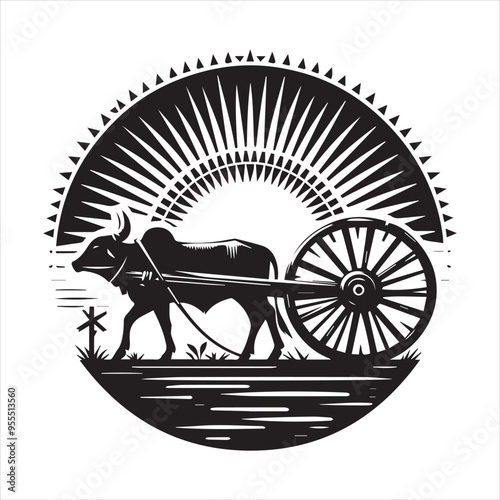 bullock cart wheel silhouette vector With White Background 