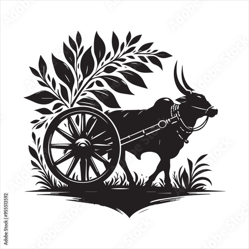 bullock cart wheel silhouette vector With White Background 