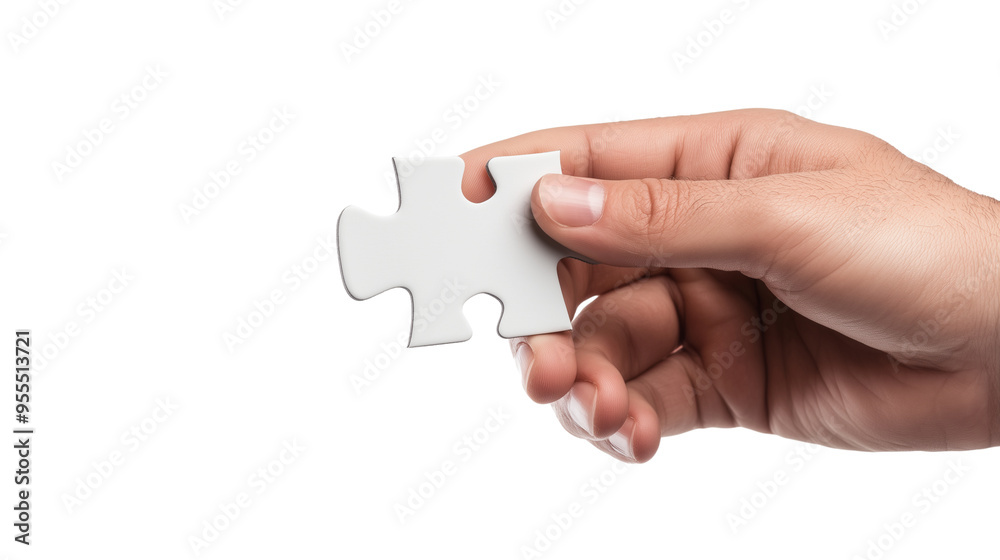 Hand holding white jigsaw puzzle piece isolated on transparent background Hand holding white jigsaw puzzle piece isolated on transparent background