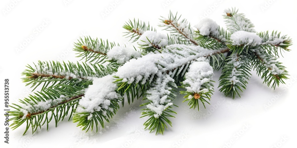 Snowy Pine Branch Isolated on White Background, winter , holiday , christmas , nature