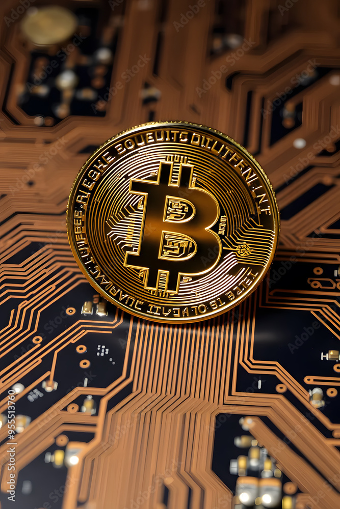 A close-up of a shiny gold Bitcoin placed on a circuit board, symbolizing cryptocurrency and technology. The intricate patterns of the circuit board contrast with the coin's design.
