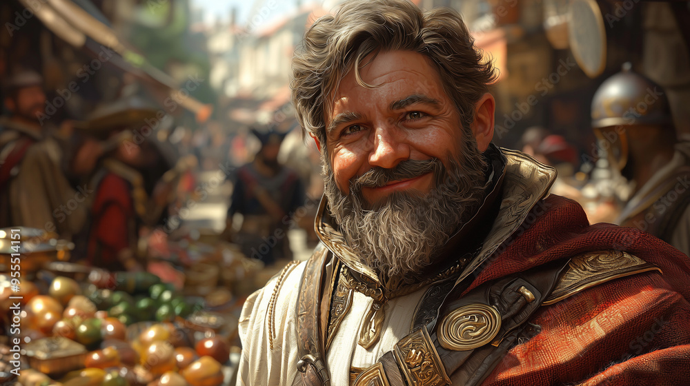 confident dwarf merchant smiling broadly in a bustling market filled with vibrant fruits and wares, under a bright sky confident dwarf merchant smiling broadly in a bustling market filled with vibrant fruits and wares, under a bright sky