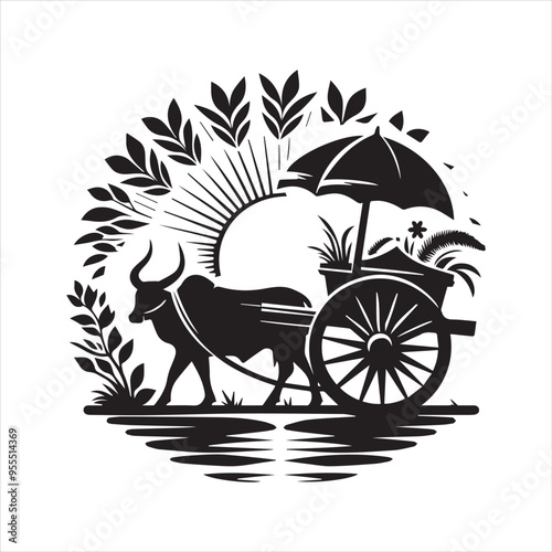 bullock cart wheel silhouette vector With White Background 