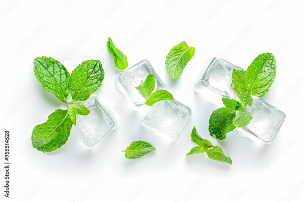Obraz premium Three ice cubes with mint leaves on white background