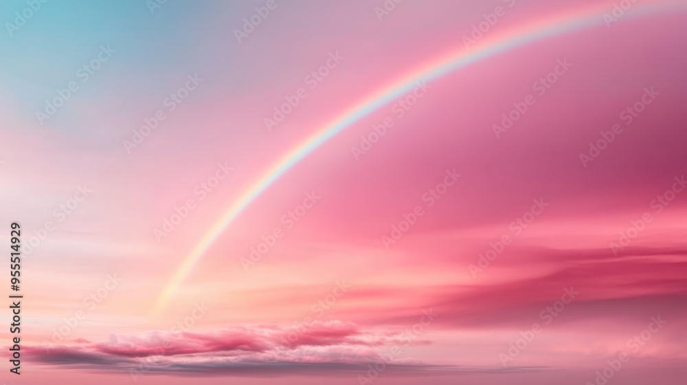 A mesmerizing view of delicate pink and purple clouds with a splendid rainbow arc in the sky, all set against the gentle light of a dreamy sunset.