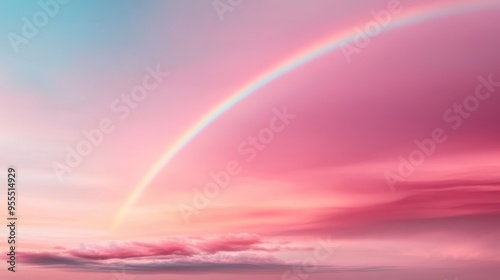 A mesmerizing view of delicate pink and purple clouds with a splendid rainbow arc in the sky, all set against the gentle light of a dreamy sunset.