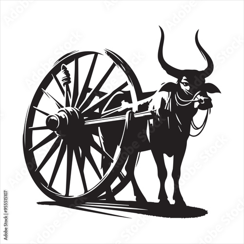 bullock cart wheel silhouette vector With White Background 