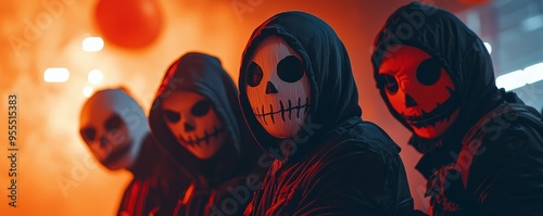 A group of hackers in cyberpunk costumes trick-or-treating in a dystopian city photo