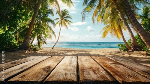 Tropical beach scene with wooden deck, palm trees, and clear blue ocean water