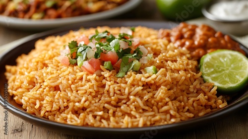 A plate of Mexican-style rice, flavored with tomatoes and spices, served with a side of refried beans photo