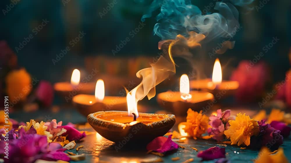 Glowing lamps surrounded by colorful flowers, symbolizing light overcoming darkness for Diwali