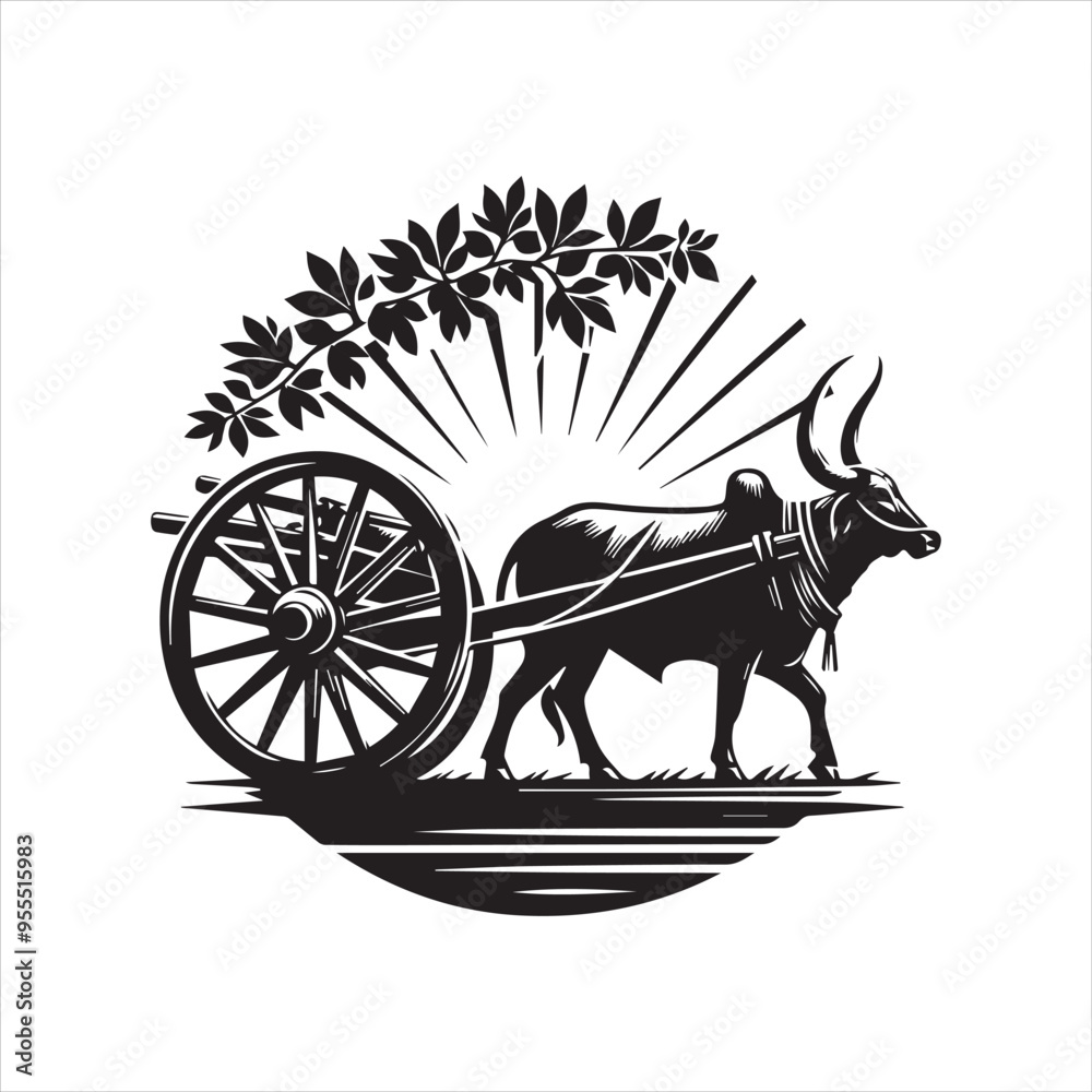 Fototapeta premium bullock cart wheel silhouette vector With White Background 