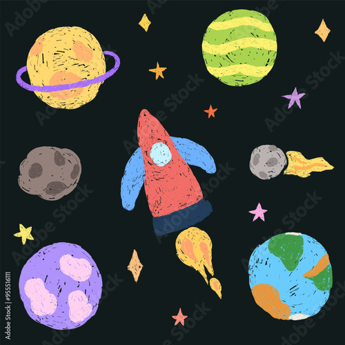 Space stickers with crayon texture drawing on blackboard