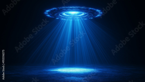 Obraz na płótnie Unidentified flying object hovering at night emitting light beams