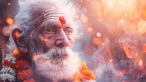 Portrait of an Elderly Indian Man with White Beard and a Red Bindi photo