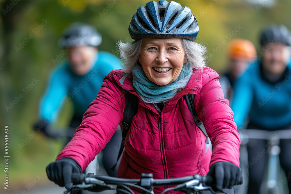 Group of senior women cycling together on countryside road are all smiles Group of senior women cycling together on countryside road are all smiles
