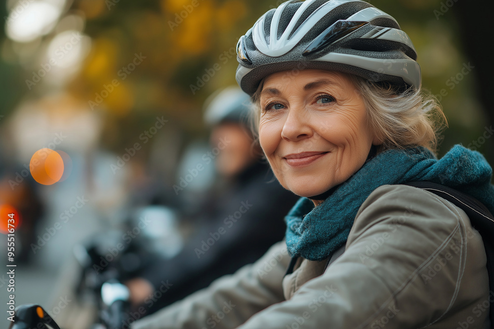Senior woman smiling while riding bicycle wearing helmet Senior woman smiling while riding bicycle wearing helmet