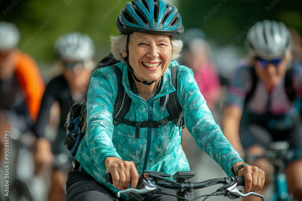 Naklejka premium Senior woman cycling with friends is smiling at camera during a ride in the city