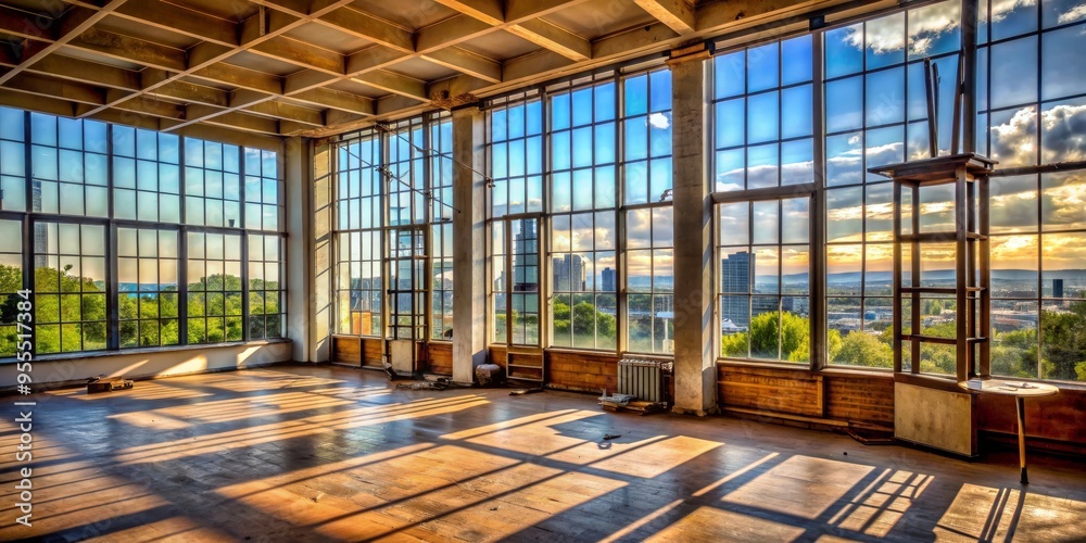 Sunlight Streaks Through Panoramic Windows in Abandoned Building, Abandoned building , sunlight , panoramic windows , city views