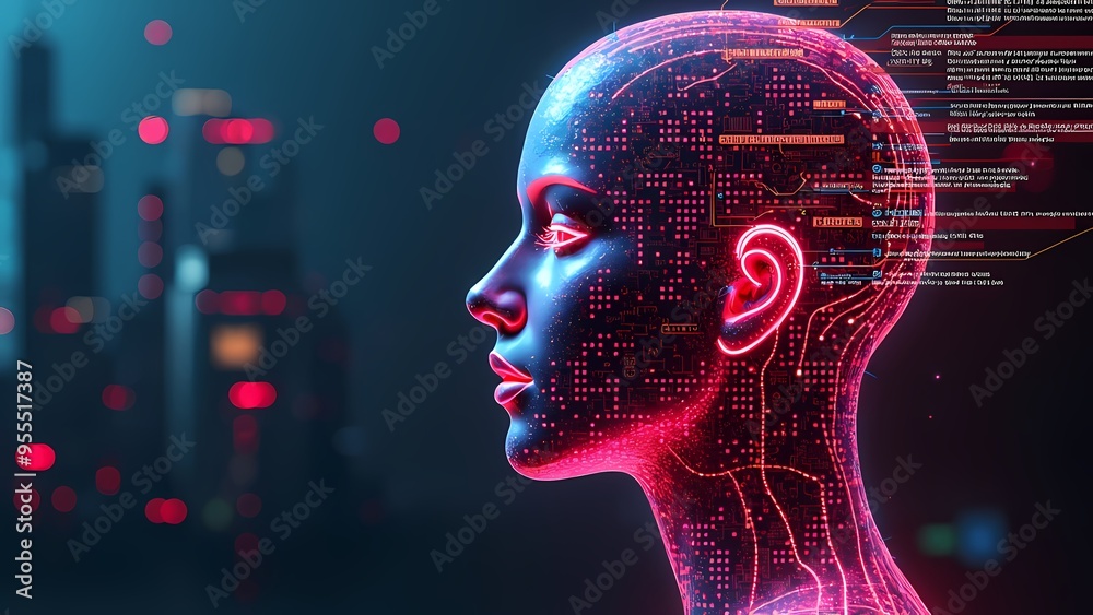 Human Head Dissolving into Digital Code, Glowing Neon Circuits Human Head Dissolving into Digital Code, Glowing Neon Circuits