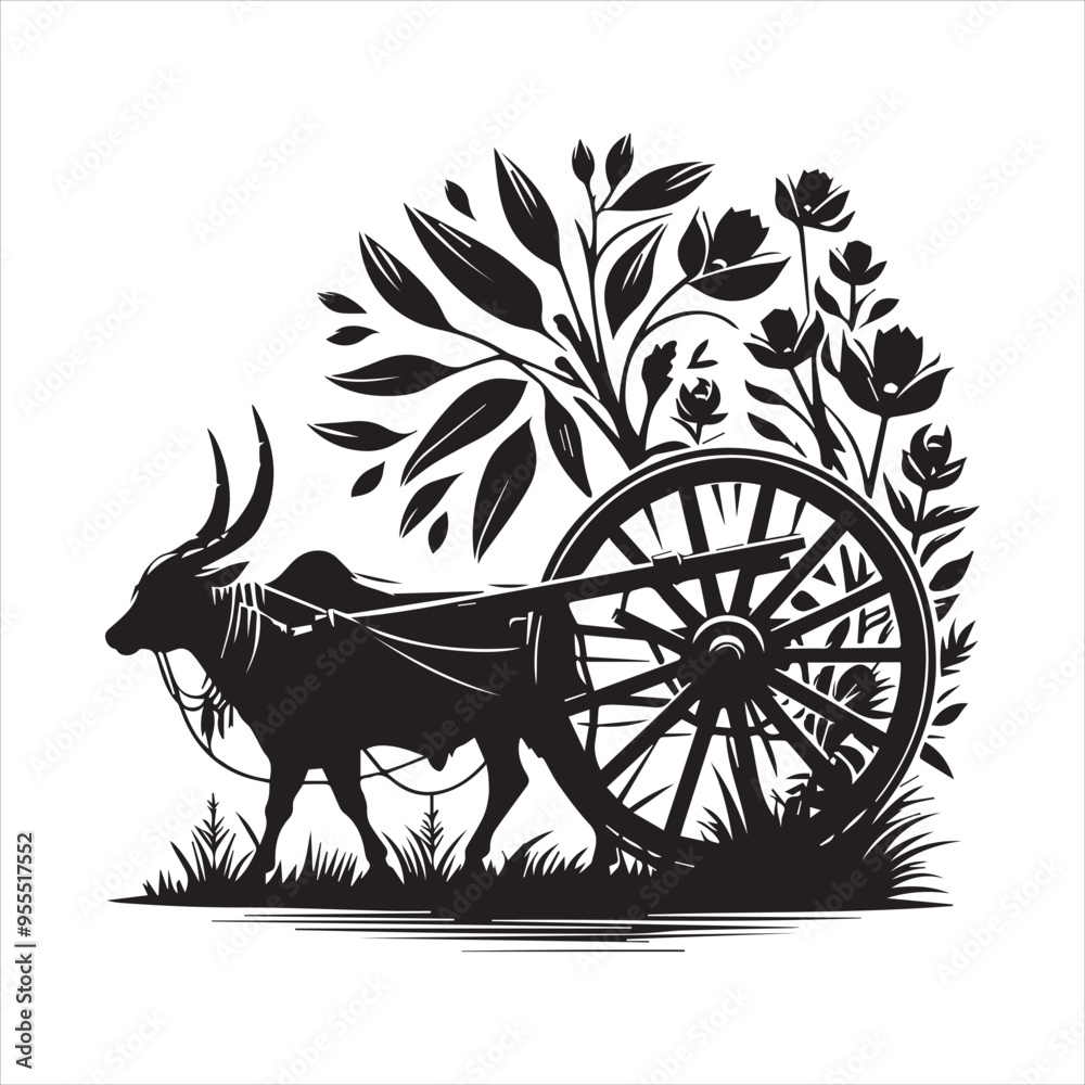 Fototapeta premium bullock cart wheel silhouette vector With White Background