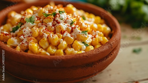 A serving of esquites, Mexican street corn salad, made with corn kernels, mayo, cheese, and chili powder photo