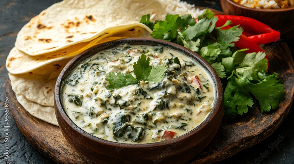 Fototapeta premium A serving of rajas con crema, roasted poblano peppers in a creamy sauce, served with rice and warm tortillas