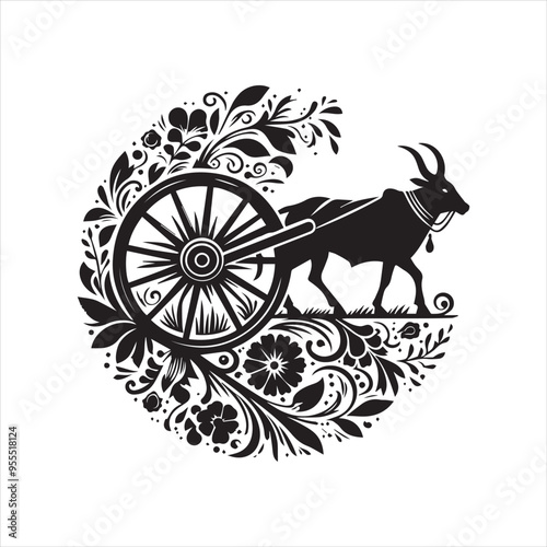 bullock cart wheel silhouette vector With White Background