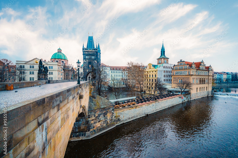 Obraz premium View of the city of Prague and the Vltava river with Old Town Bridge Tower on Charles bridge in Prague, Czech Republic.