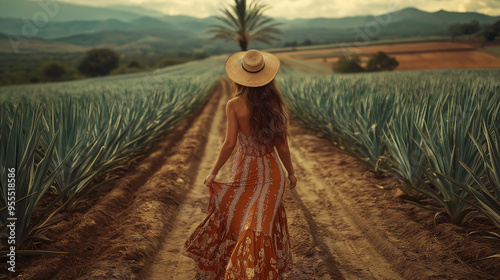 Woman is taking a mindful stroll in an agave field photo