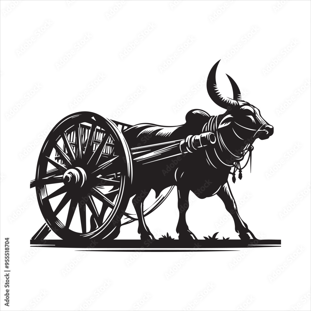 Fototapeta premium bullock cart wheel silhouette vector With White Background
