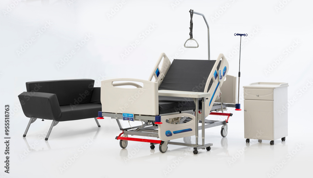 Fototapeta premium Functional Hospital and patient bed and medical supplies