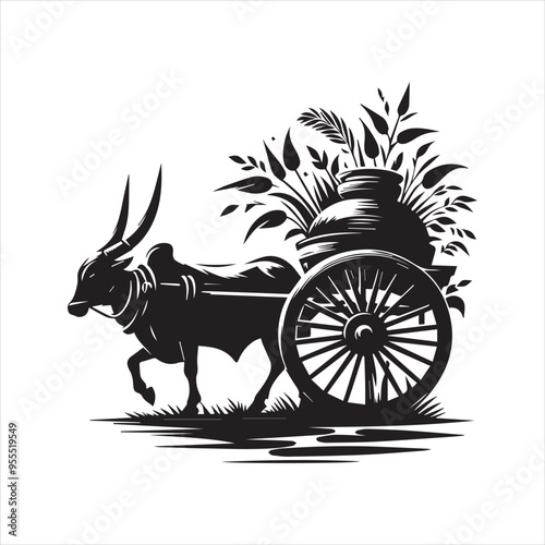 bullock cart wheel silhouette vector With White Background