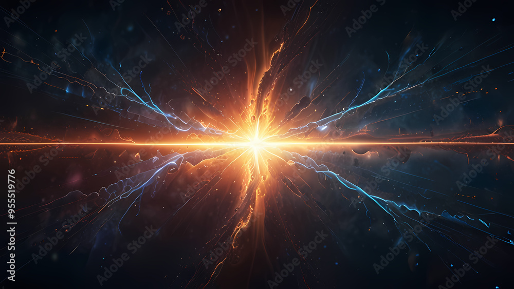 Fototapeta premium An ethereal abstract background illustrating the concept of ionization, with glowing negative and positive ions swirling in a misty atmosphere, connected by subtle lines of force