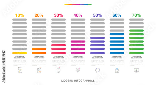 Colorful gradient bars template list. Vector modern infographic illustration with icons and percentages for banner, presentations, app, content, timelines.