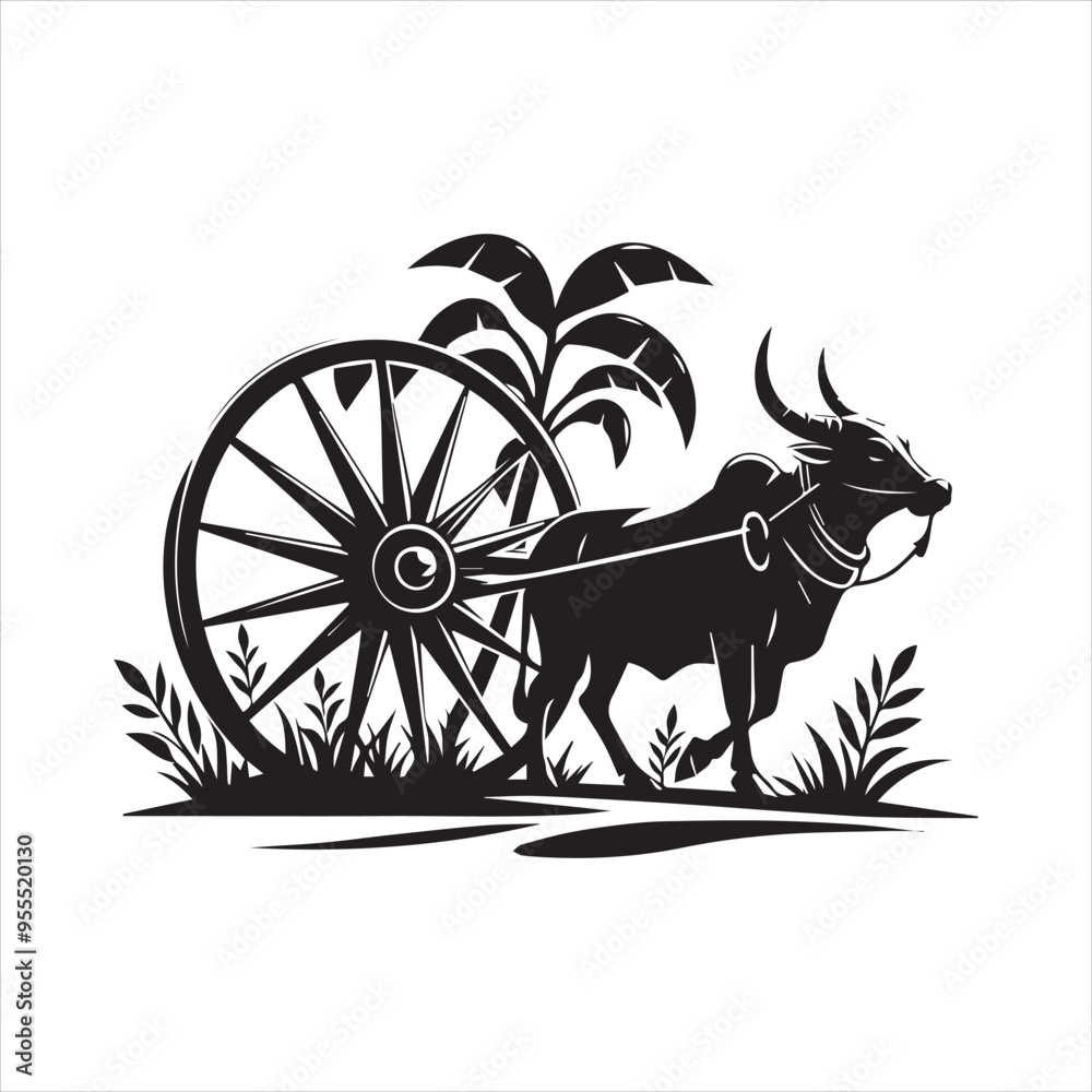 Fototapeta premium bullock cart wheel silhouette vector With White Background