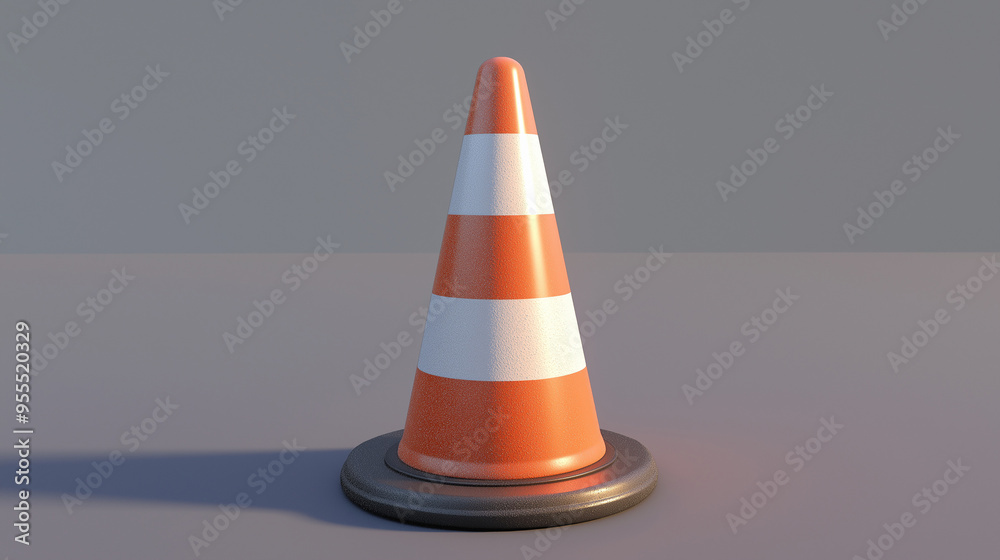 Orange and white traffic cone standing on gray background Orange and white traffic cone standing on gray background