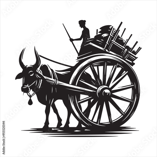 bullock cart wheel silhouette vector With White Background
