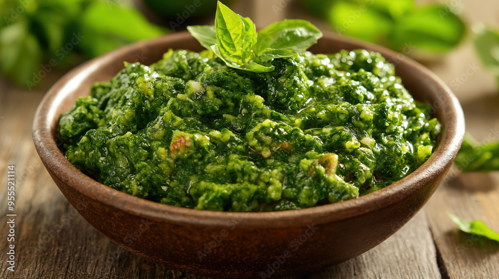 Fresh green pesto sauce in a rustic wooden bowl, garnished with basil leaves, surrounded by a natural wooden background. Fresh green pesto sauce in a rustic wooden bowl, garnished with basil leaves, surrounded by a natural wooden background.