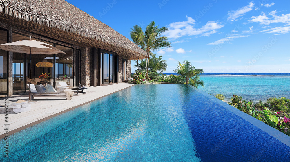 Fototapeta premium Infinity pool overlooking tropical ocean at a luxury resort