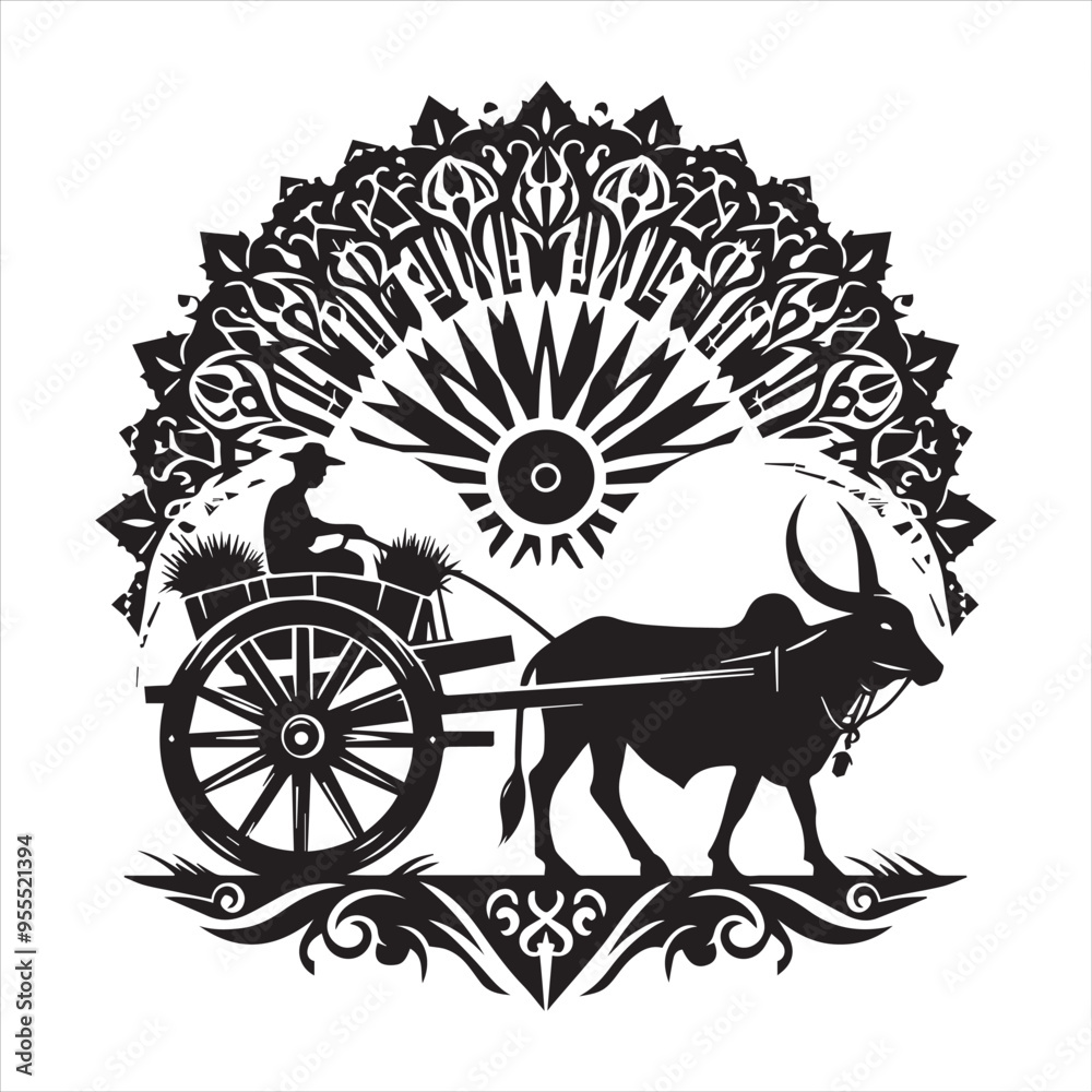 Fototapeta premium bullock cart wheel silhouette vector With White Background