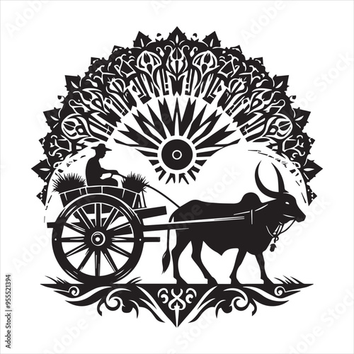 bullock cart wheel silhouette vector With White Background