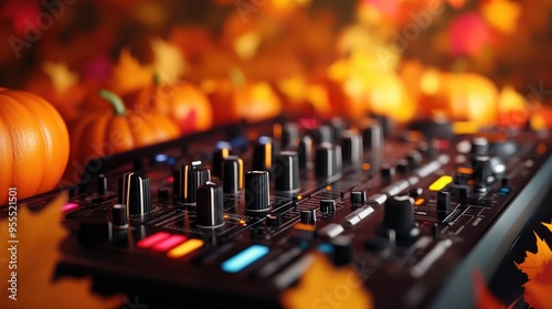 A vibrant DJ mixer surrounded by autumn leaves and pumpkins, capturing the essence of fall and music creativity.