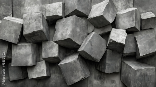 Cluster of large gray concrete cubes in a random pile, forming a rugged and industrial abstract sculpture with strong textures.
